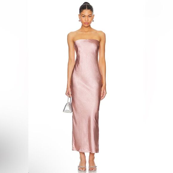 More To Come Emma dress blush pink satin strapless midi maxi bias slip Revolve M - Picture 1 of 10